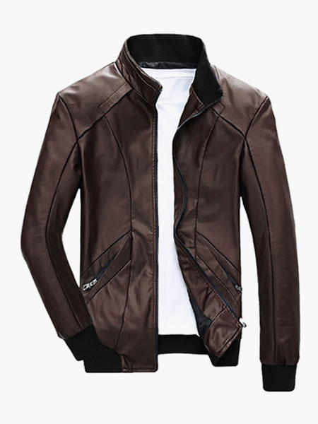 Image of Black Biker Jacket Stand Collar Seam Design Zipper Long Sleeve Leather Jacket For Men