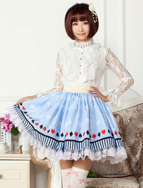 Milanoo Light Blue Lace Printed Polyester Lolita Skirt for Girls