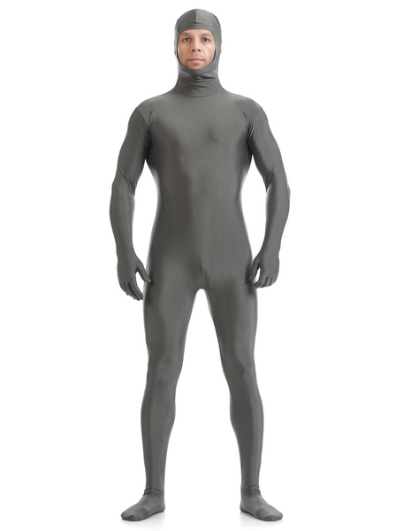 Milanoo Morph Suit Grey Zentai Suit Lycra Spandex Bodysuit with Face Opened