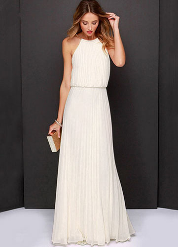 Milanoo Long Bridesmaid Dresses White Chiffon Pleated Halter Women Floor Length Maxi Dress