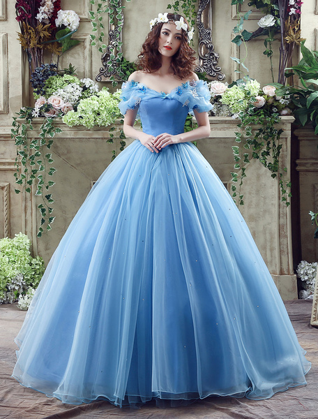 Milanoo Cinderella Dress Blue Organza Tulle Off the Shoulder Ball Gown Dress with Chapel Train