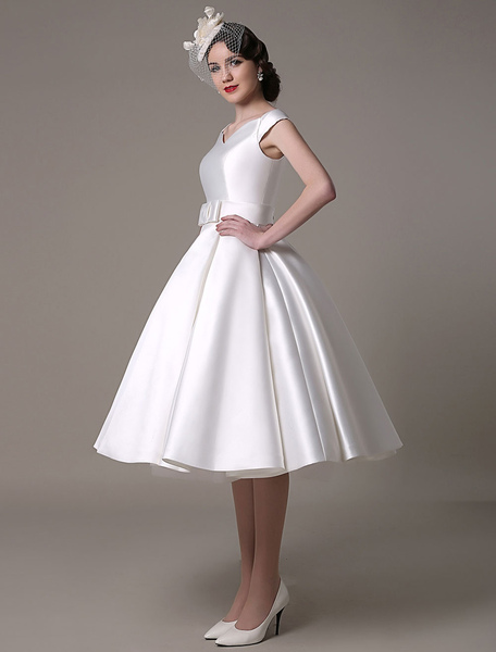 Milanoo Ivory Wedding Dresses 2021 Short Satin Knee Length Bow Sash Retro Bridal Dress