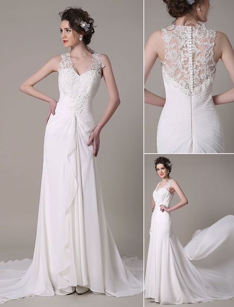 Image of Ivory Wedding Dress Mermaid Queen Anne Lace Chiffon Wedding Gown Milanoo