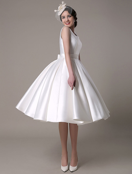 Milanoo Ivory Wedding Dress Scoop Backless Knee Length Satin Wedding Gown