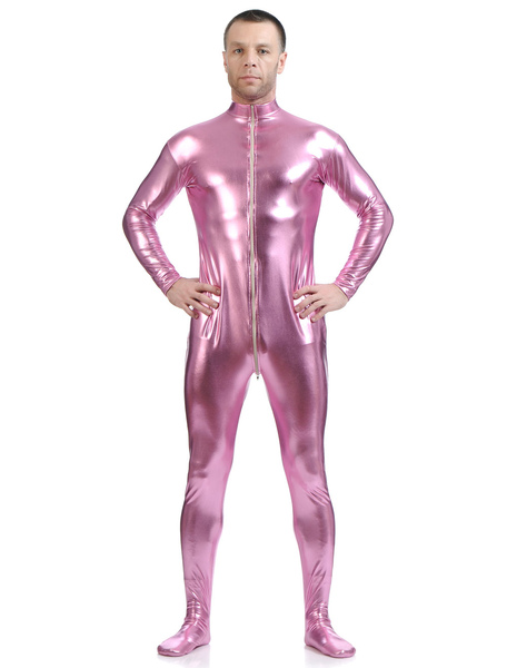 Milanoo Pink Adults Bodysuit Shiny Metallic Catsuit for Men