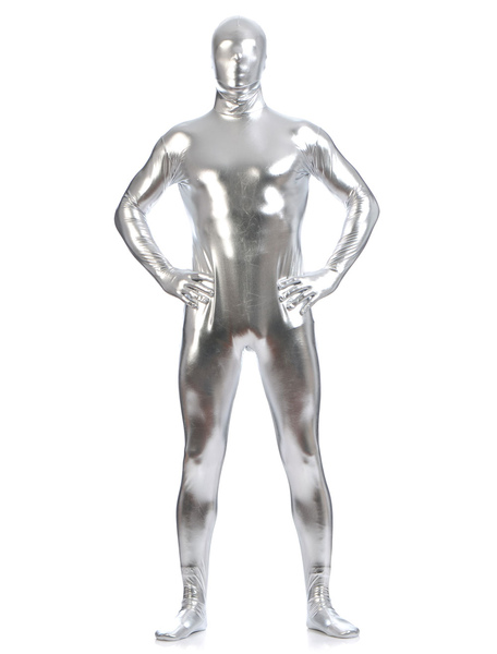 Milanoo Silver Zentai Suit Adults Full Body Shiny Metallic Bodysuit for Men