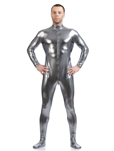 Milanoo Gray Adults Bodysuit Cosplay Jumpsuit Shiny Metallic Catsuit for Me...