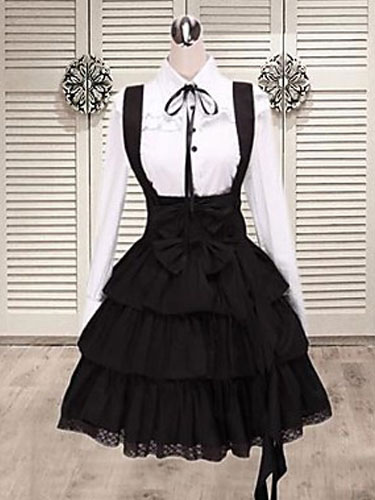 Image of Black Cotton Straps Lolita Skirt Salopette Layered Ruffles