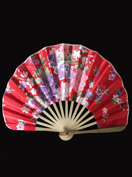 Image of Japanese Red Floral Print Bamboo Fan