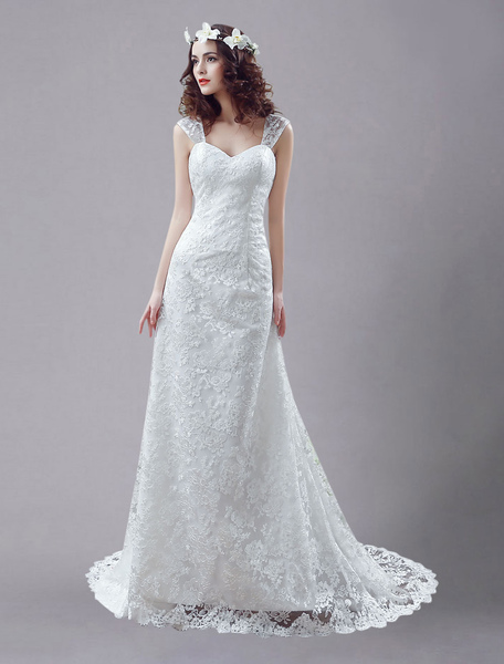 Image of White Wedding Dress Queen Anne Mermaid Backless Lace Wedding Gown
