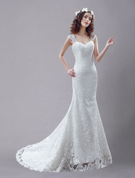 Milanoo White Wedding Dress Queen Anne Mermaid Backless Lace Wedding Gown