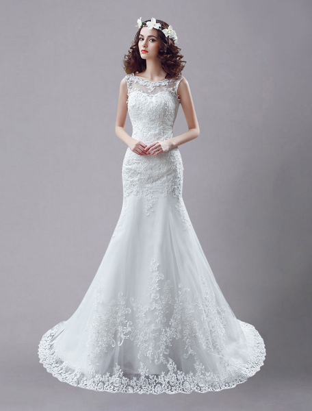 Milanoo White Wedding Dress Lace Backless Bridal Dresses Rhinestones Beaded Mermaid Wedding Gown