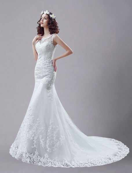 Milanoo White Wedding Dress Lace Backless Bridal Dresses Rhinestones Beaded Mermaid Wedding Gown