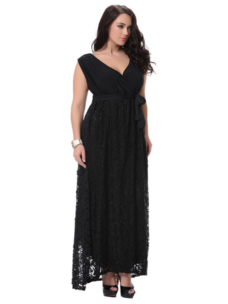 Plus Size Kleid schwarzer Spitze Chic Maxi Sommerkleid für Frauen от Milanoo WW