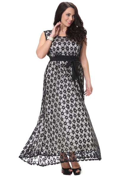 Plus Größe Kleid Print Schärpe Lace Maxi Kleid für Frauen от Milanoo WW