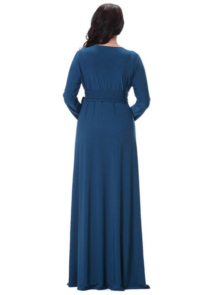Plus Size Kleid dunkelblau Schärpe geraffte Acryl Maxi-Kleid für Frauen от Milanoo WW