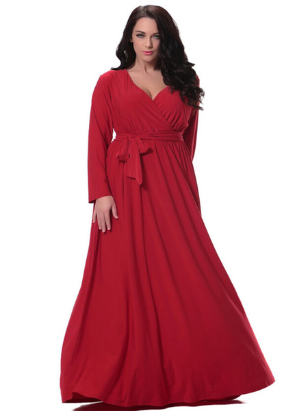Plus Size Kleid rote Schärpe Deep-V geraffte Baumwolle Flachs Maxi-Kleid für Frauen от Milanoo WW