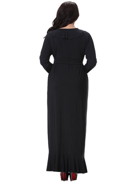 Plus Size Kleid Black Sash Rüschen Baumwolle Flachs Maxi-Kleid für Frauen от Milanoo WW