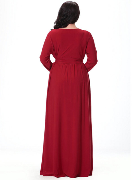 Plus Size Kleid rote Schärpe Deep-V geraffte Baumwolle Flachs Maxi-Kleid für Frauen от Milanoo WW