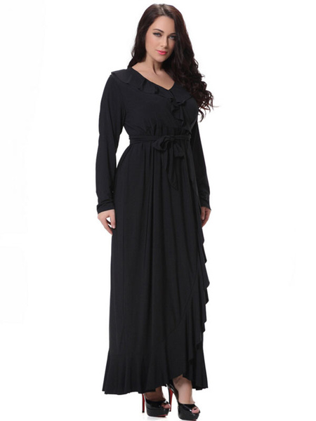 Plus Size Kleid Black Sash Rüschen Baumwolle Flachs Maxi-Kleid für Frauen от Milanoo WW