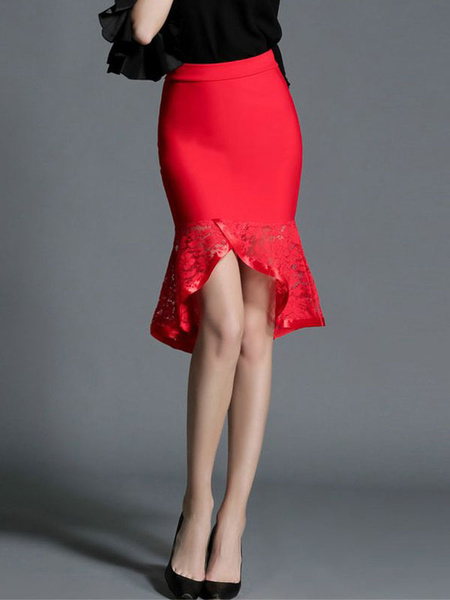 

Red Lace Split High-Low Roman Knit Skirt for Women