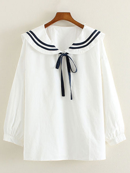 Image of White Bow Stripes Cotton Lolita Shirt for Women