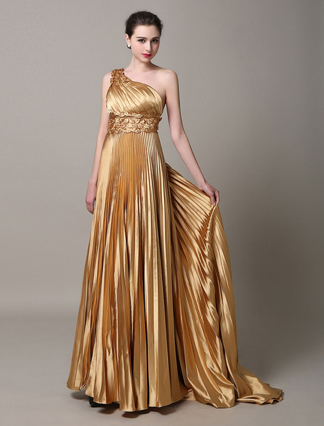 Image of Oro monospalla Sash tessuto satinato Prom Dress