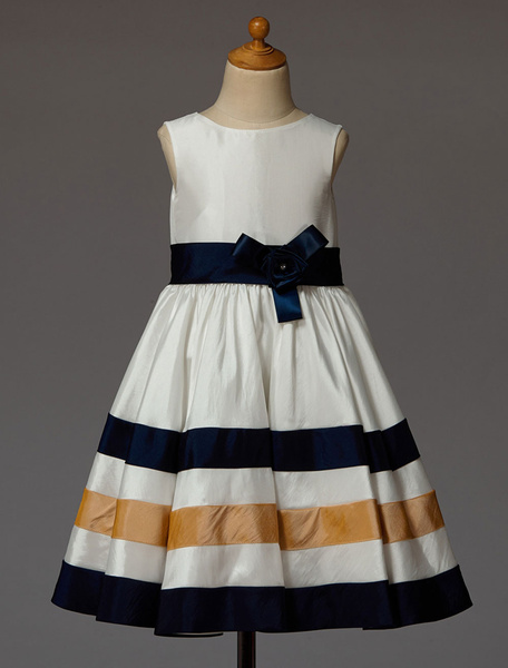 Image of Multicolor Flower Girl Dress With Sash Stripes Bow