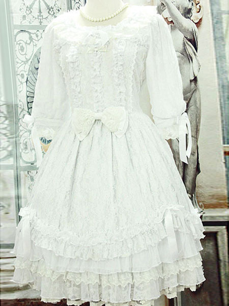 Milanoo White Lolita Dress With Lace Bow Cotton for Women