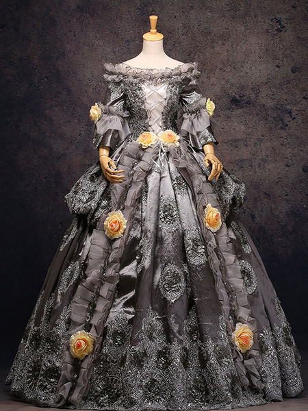 Milanoo Gray Vintage Costume Rococo Lace Ruffles Off The Shoulder Flowers Beaded Ball Gown Dress Hal