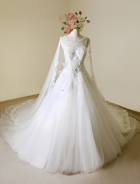 Ivory Wedding Dress Illusion Veil Lace Wedding Gown