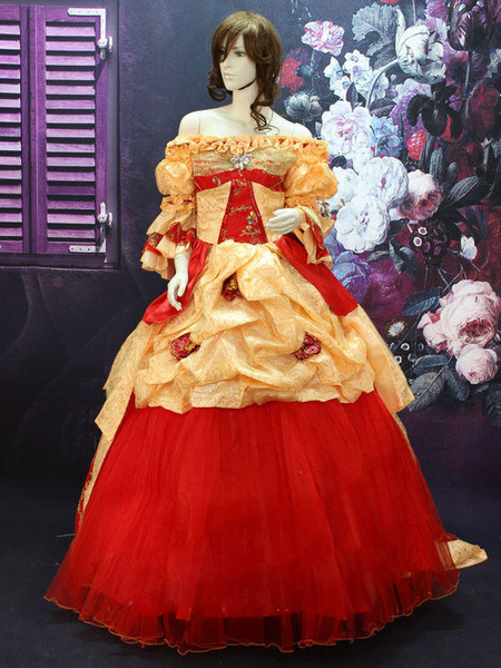 Milanoo Rococo Multicolor Off  the  Shoulder Court Ruffles Dress Synthetic Costume