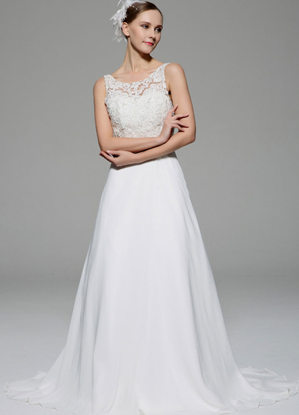 Milanoo Ivory Wedding Dress Illusion Rhinestone Lace Satin Wedding Gown