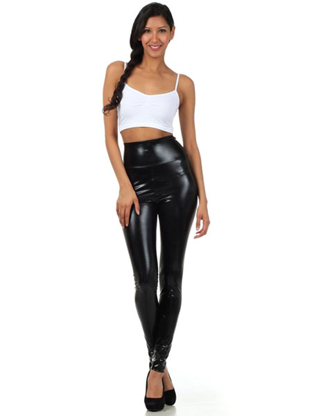 Image of Halloween Black Leggings Shiny Metallic Skinny Pants for Women Halloween