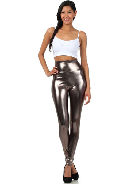 Image of Halloween Gray Leggings Shiny Metallic Skinny Pants for Women Halloween