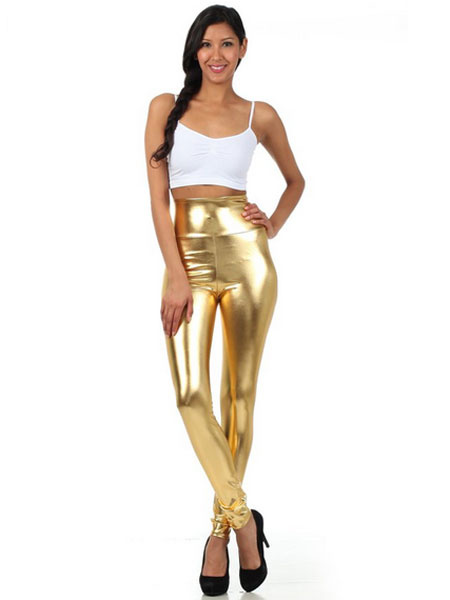 Image of Halloween Gold Leggings Shiny Metallic Skinny Pants for Women Halloween