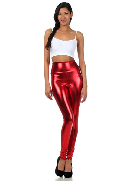 Image of Halloween Red Leggings Chic Shiny Metallic Skinny Pants for Women Halloween