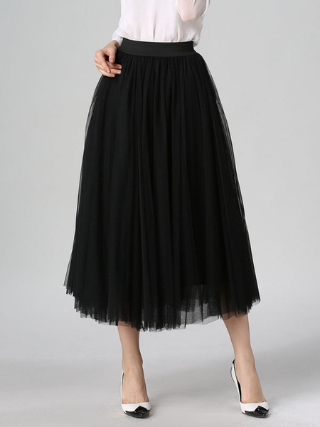 Image of Apricot Skirt Pleated Tea-Length Crepe Skirt for Women