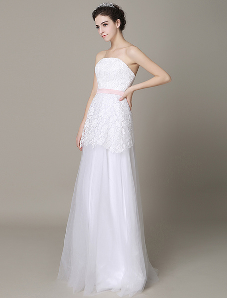 Milanoo Ivory Wedding Dress Strapless Backless Sash Tulle Wedding Gown