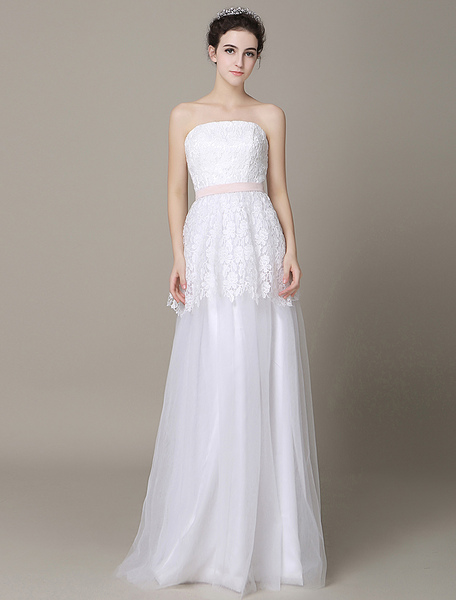 Milanoo Ivory Wedding Dress Strapless Backless Sash Tulle Wedding Gown
