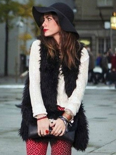 Milanoo Black Vest Faux Fur Sleeveless Polyester Vest for Women