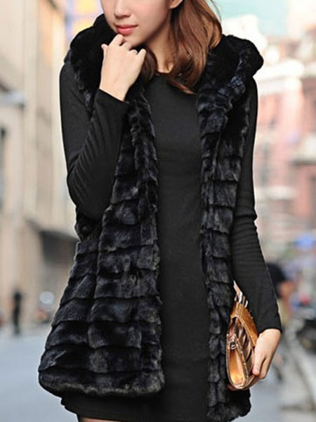 Image of Black Hooded Vest Faux Fur Polyester Trendy Vest for Women