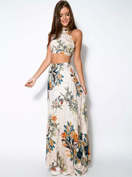 

White Maxi Dress Straps Backless Cropped Floral Print Cotton Dress, Ivory