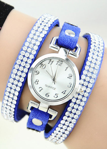 Rose Red Watch Rhinestone Layered Leather Strap Watch for Women