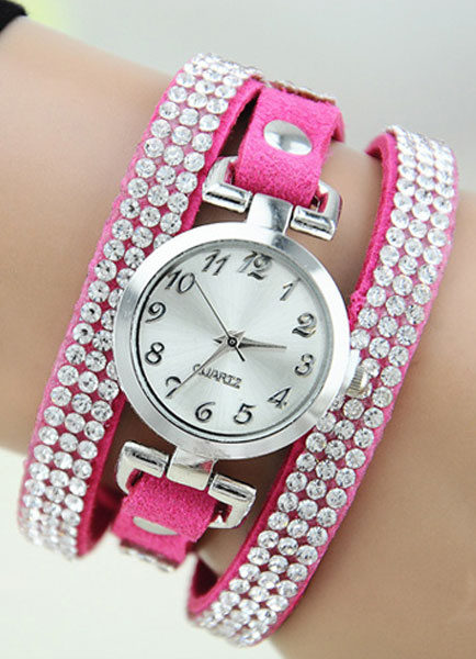Rose Red Watch Rhinestone Layered Leather Strap Watch for Women