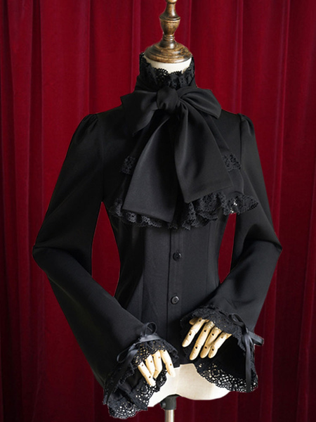 milanoo.com Black Lolita Blouse Bow Slim Fit Cotton Blouse for Women
