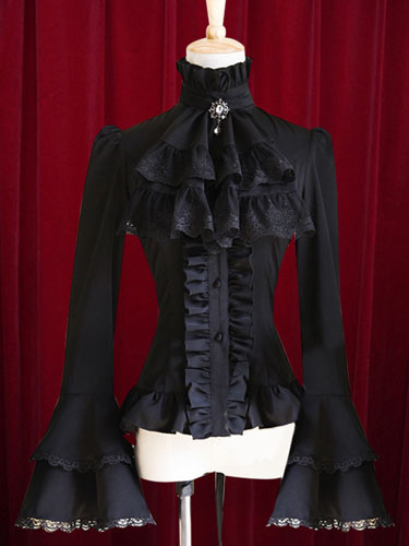 Image of Lolita camicetta nera con pieghettatura di cotone per le donne