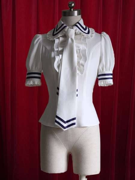 Image of White Lolita Blouse Stripes Tie Ruffles Cotton Blouse for Women