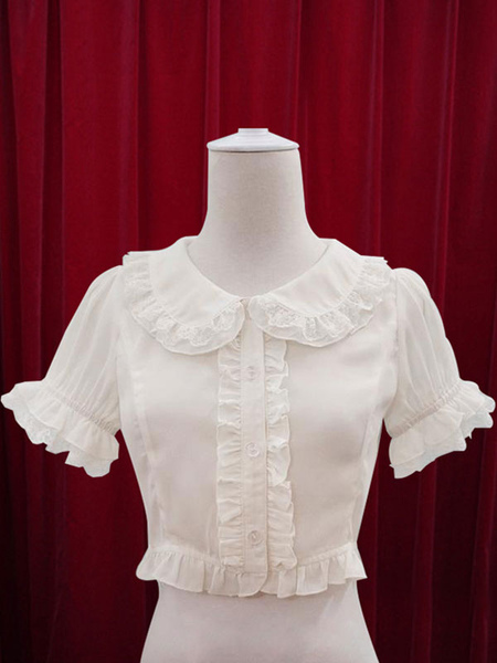 milanoo.com White Lolita Blouse Ruffles Cotton Blouse for Women