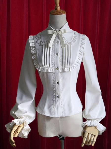 milanoo.com White Lolita Blouse Bow Ruched Cotton Blouse for Women